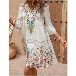 028 Boho Floral Print Lace Ruffle Sleeve Dress